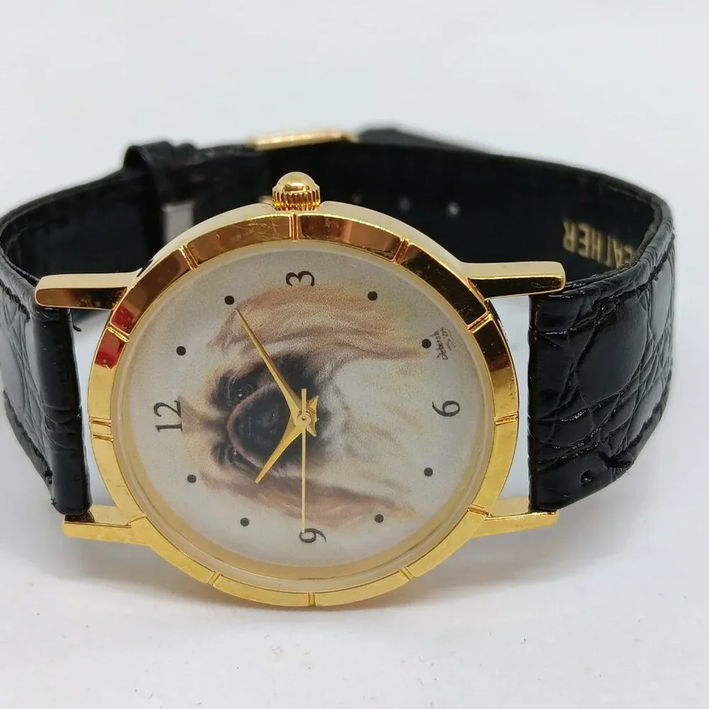 Pekingese 33mm Women's Gold Tone Black Leather Band Dog Watch